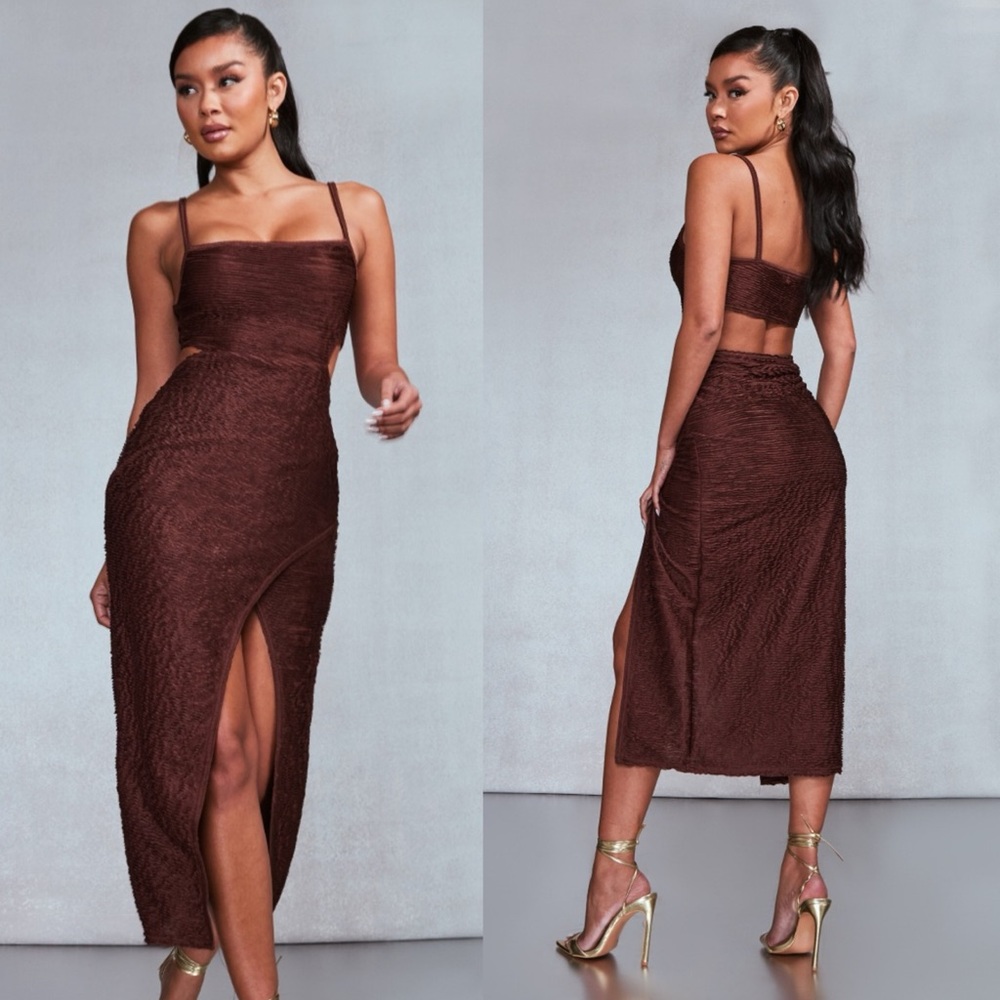 PLT Chocolate Brown Pleated Textured Open Back Midi Dress Size 4 NWT
